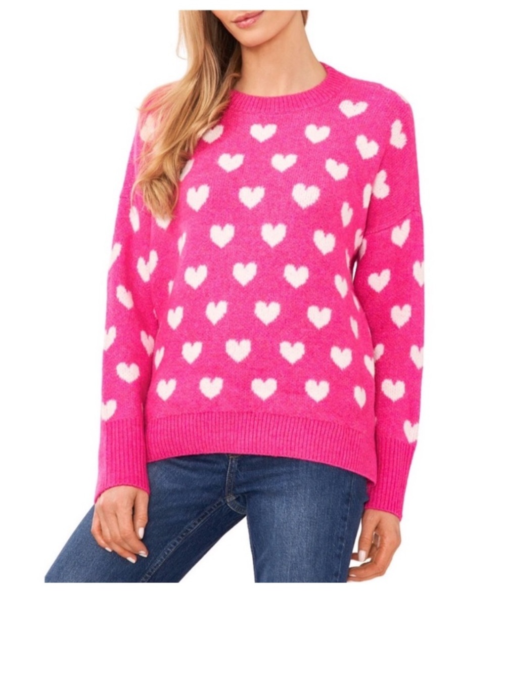 Vince Camuto Hot Pink Heart-Print Crewneck Sweater